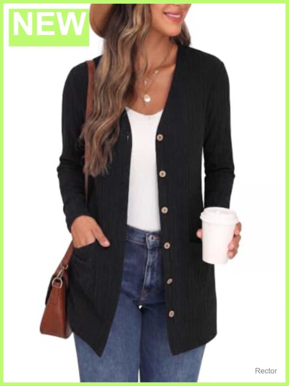 Women's Long Sleeve Open Front Ribbed Knit Cardigan with Pocket
